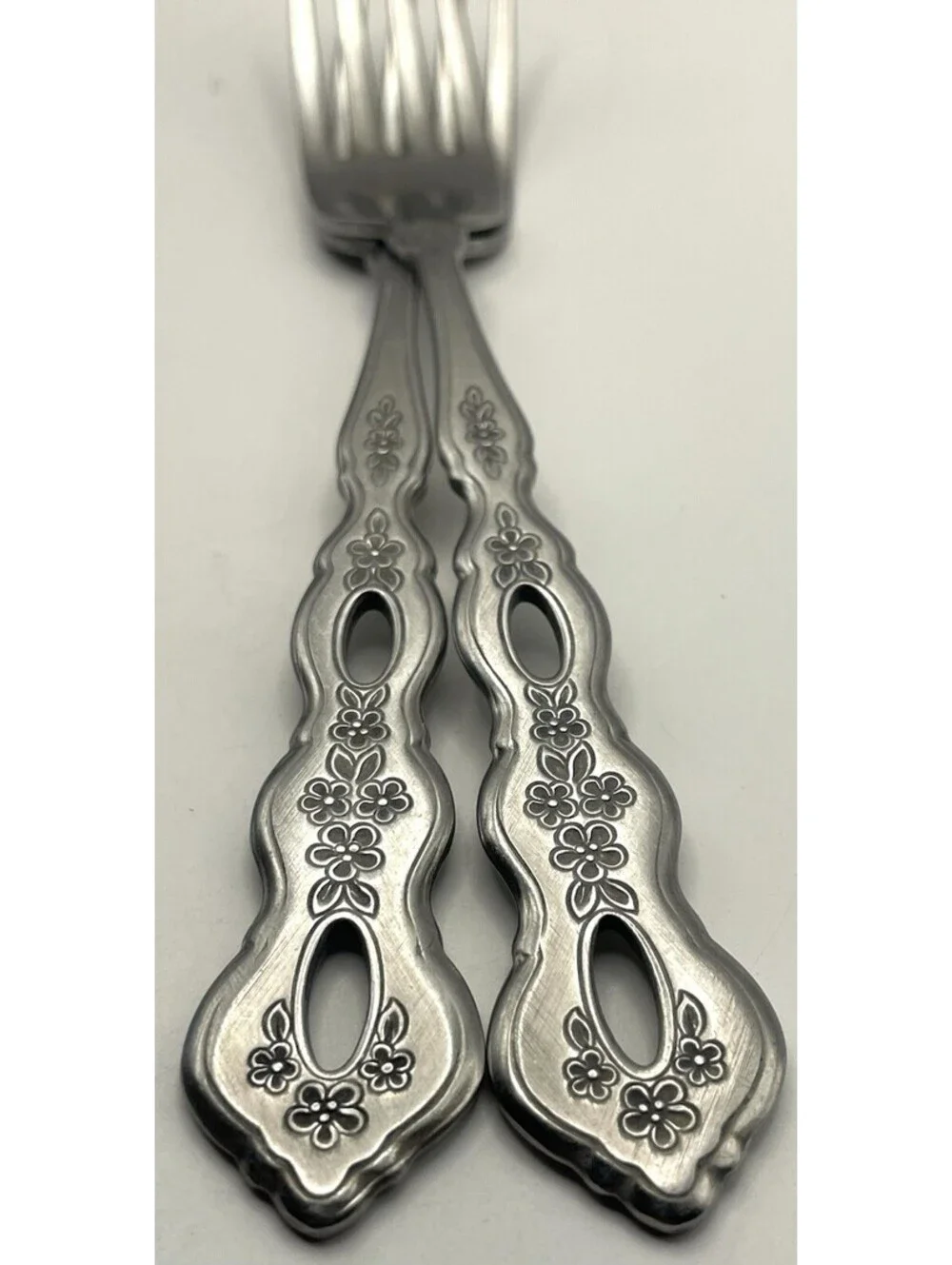 2- Oneida Community FANTASY Burnished Stainless Pierced Hndl Dinner Fork ~7.25”